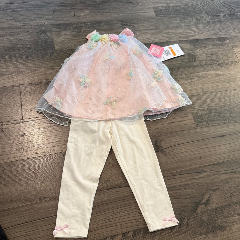 Rare Editions Pink & Cream Floral Tulle Top with Cream Leggings